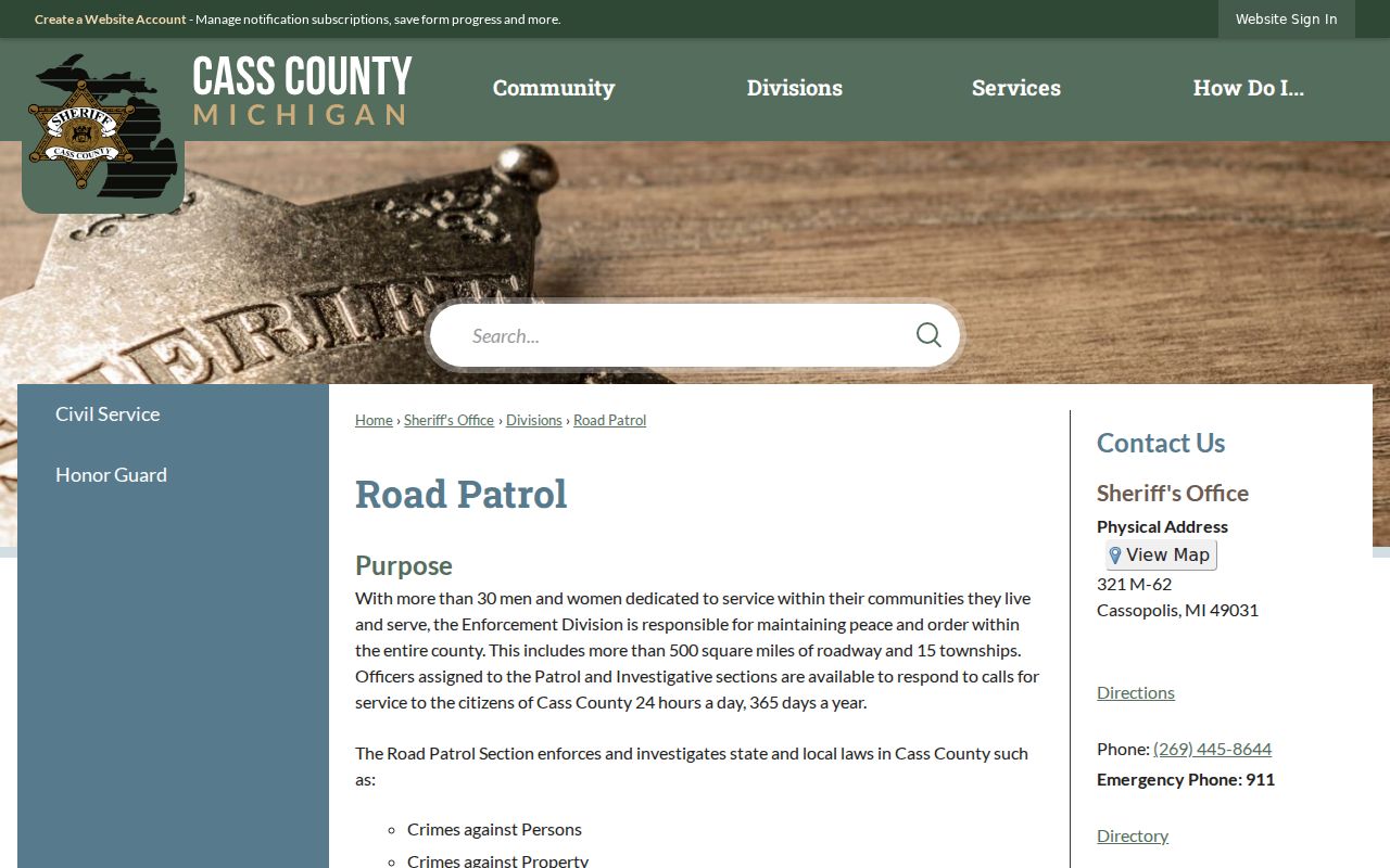 Cass County warrant service described on the sheriff road patrol page