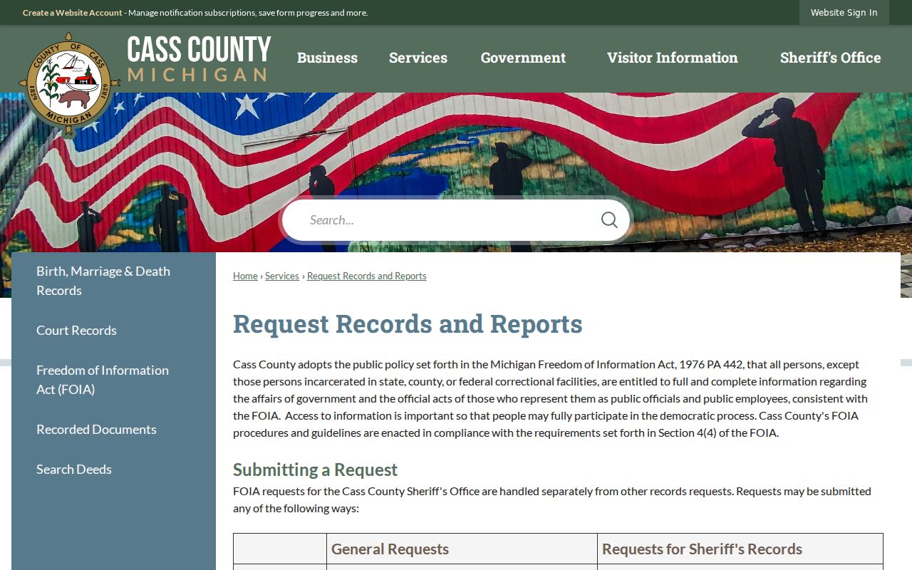 Cass County records request page explaining court records versus FOIA for bench warrants