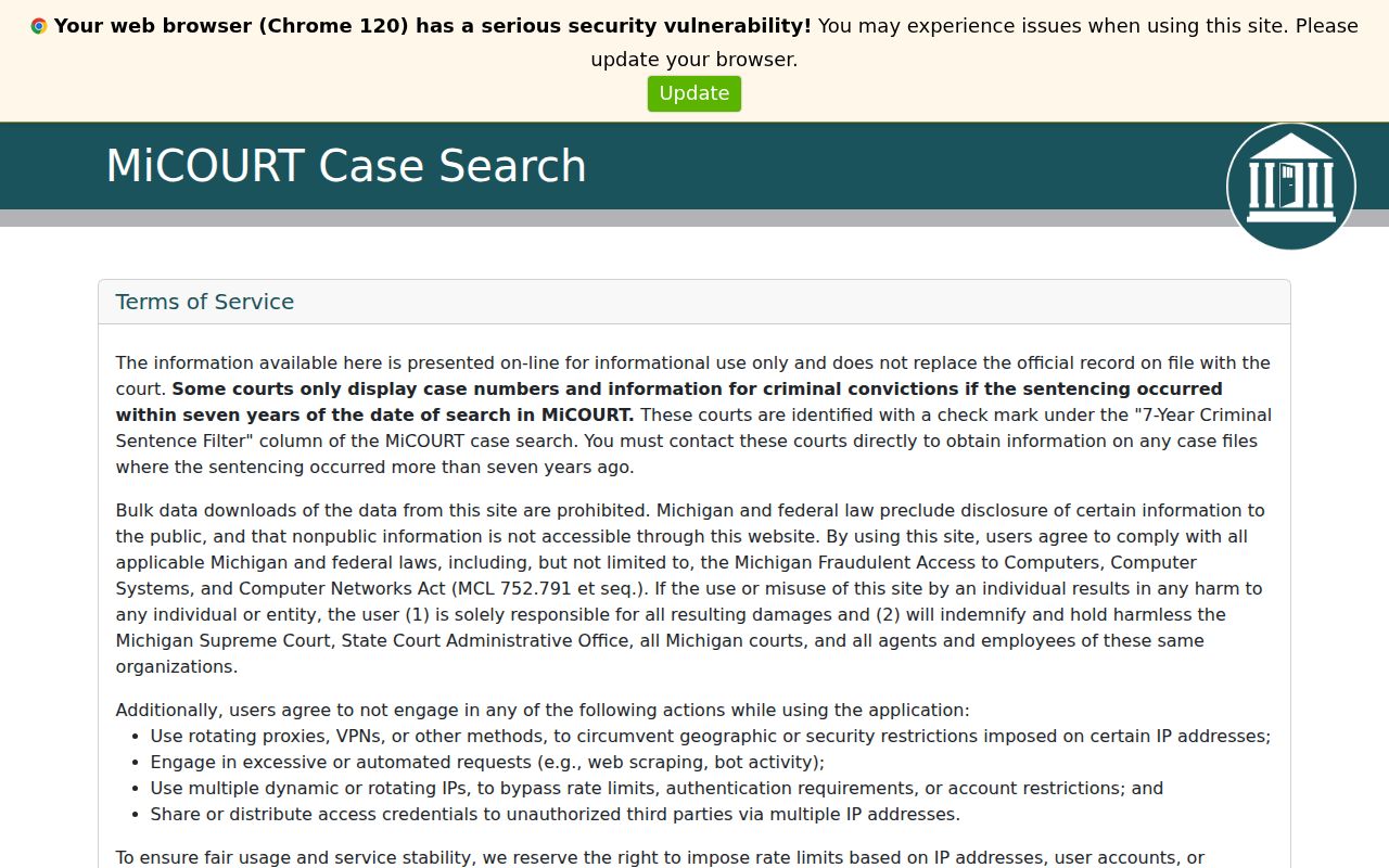 Michigan public case search used for Cass County warrant lookups