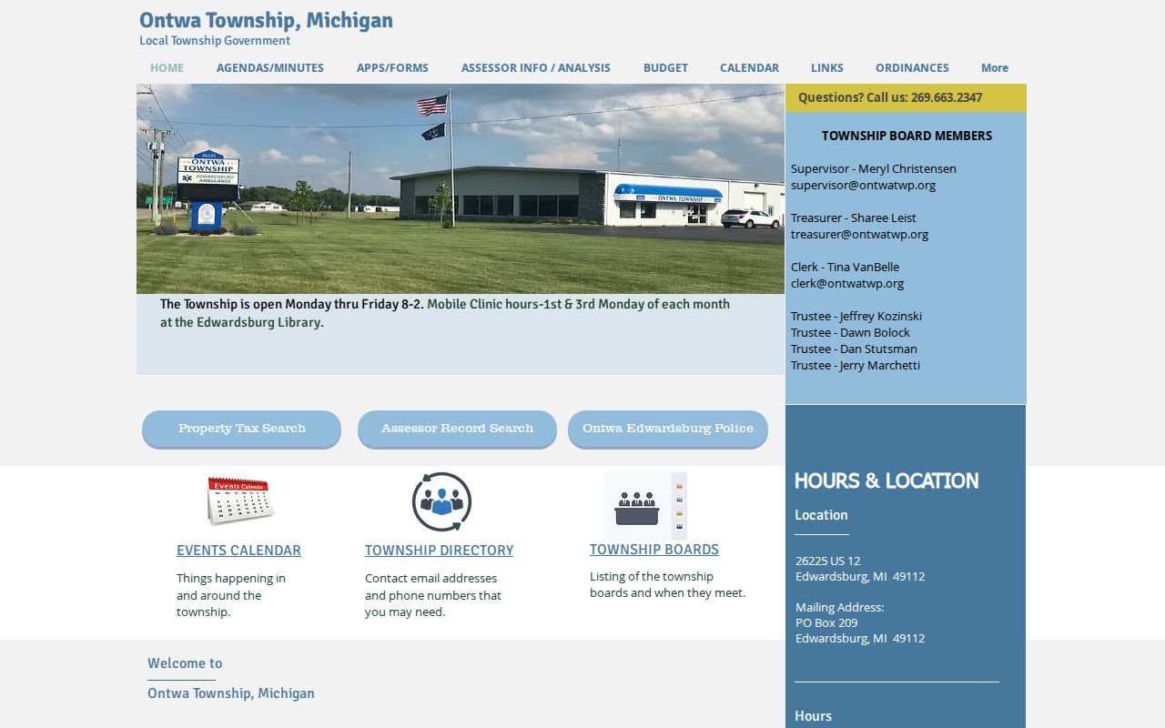 Ontwa Township page listing the shared police service for Edwardsburg warrant records