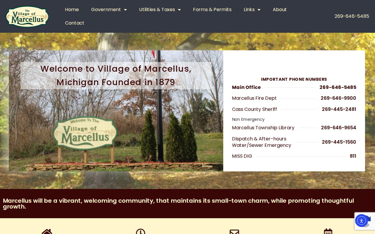 Marcellus village page describing Cass County Sheriff contract police service for Marcellus warrant records